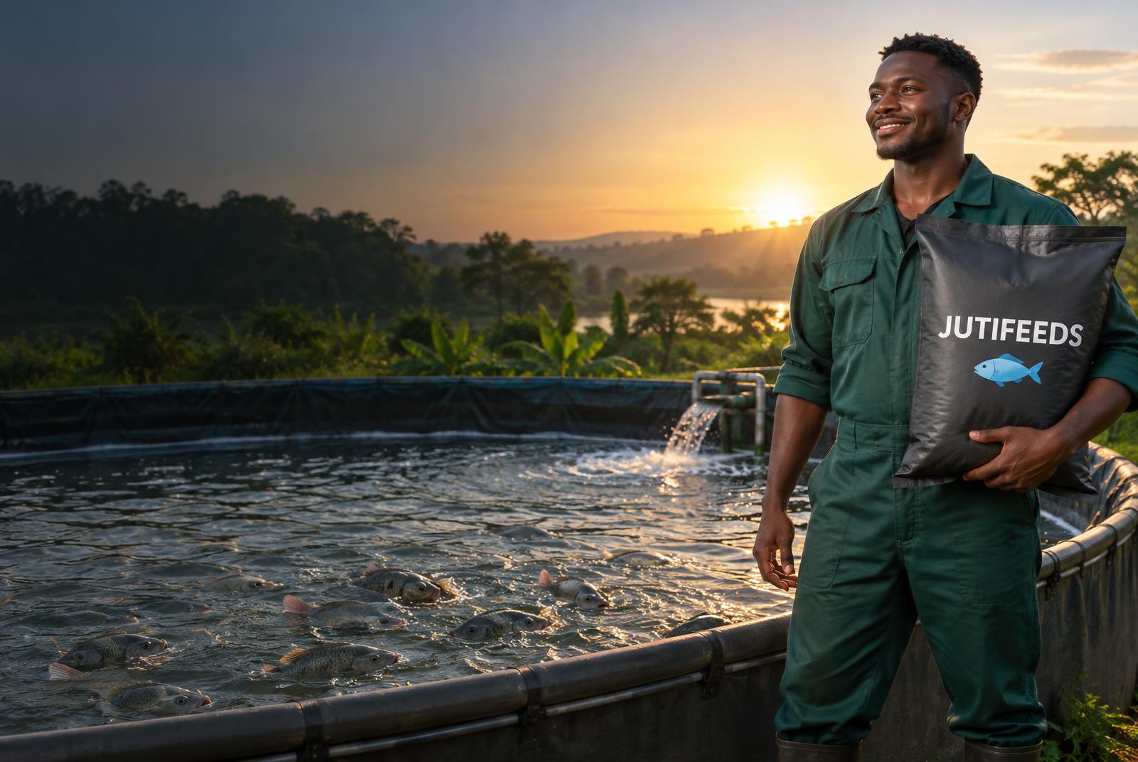Fish farmer holding a JutiFeeds nutrition bag beside a healthy tilapia pond